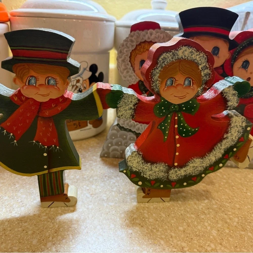 Vintage Hand Painted Wooden Holiday Christmas Carolers Decor and Set Ice Skaters